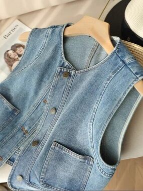 Light Wash Denim Vest - Casual Sleeveless Jacket Multiple Sizes